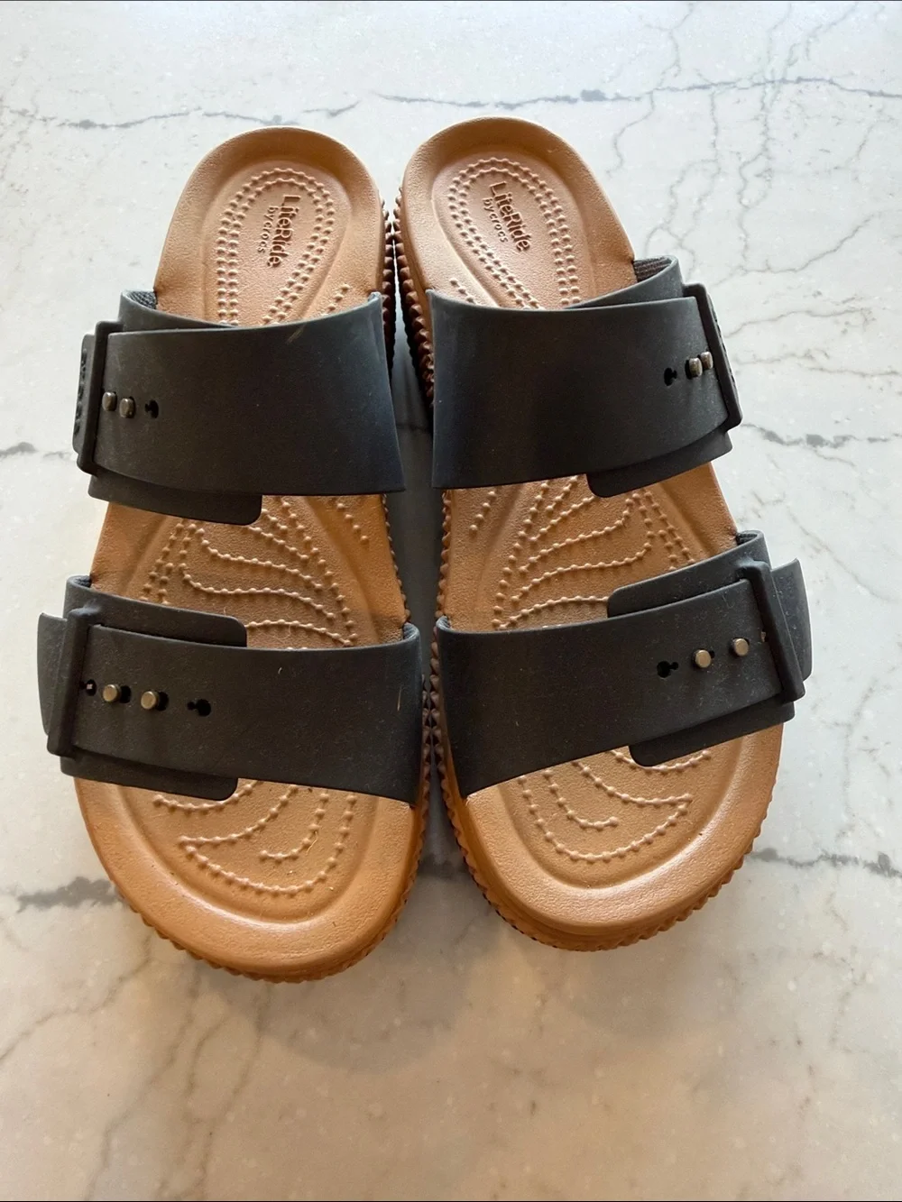 CROCS Women’s Dual-Strap Platform Slides in Black and Tan